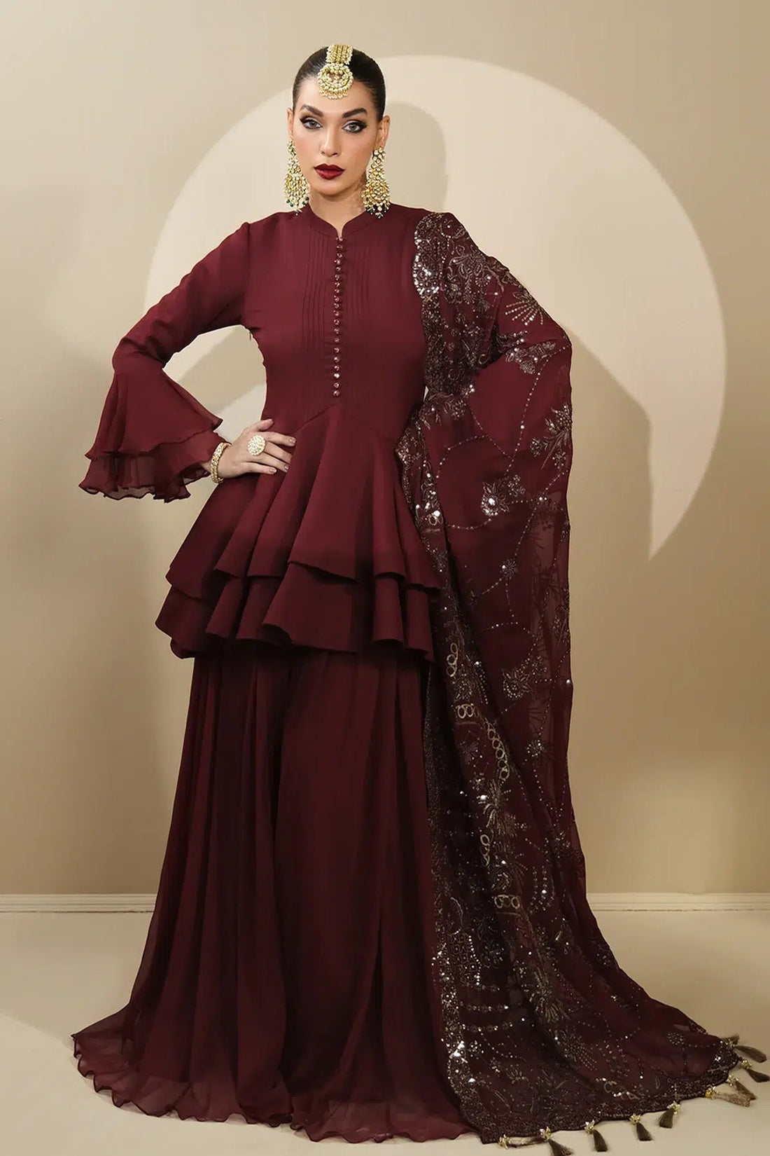 Alizeh | Formals Collection | Maroon Peplum 3 piece - RTW1014 - Pakistani Clothes - Hoorain Designer Wear