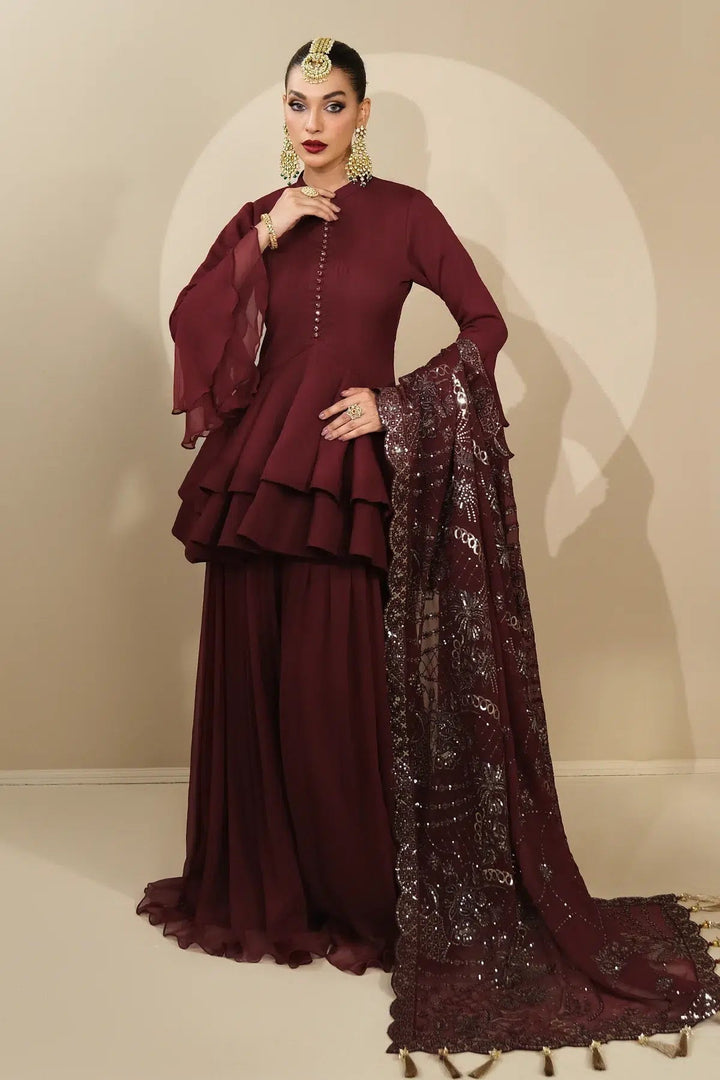 Alizeh | Formals Collection | Maroon Peplum 3 piece - RTW1014 - Pakistani Clothes - Hoorain Designer Wear