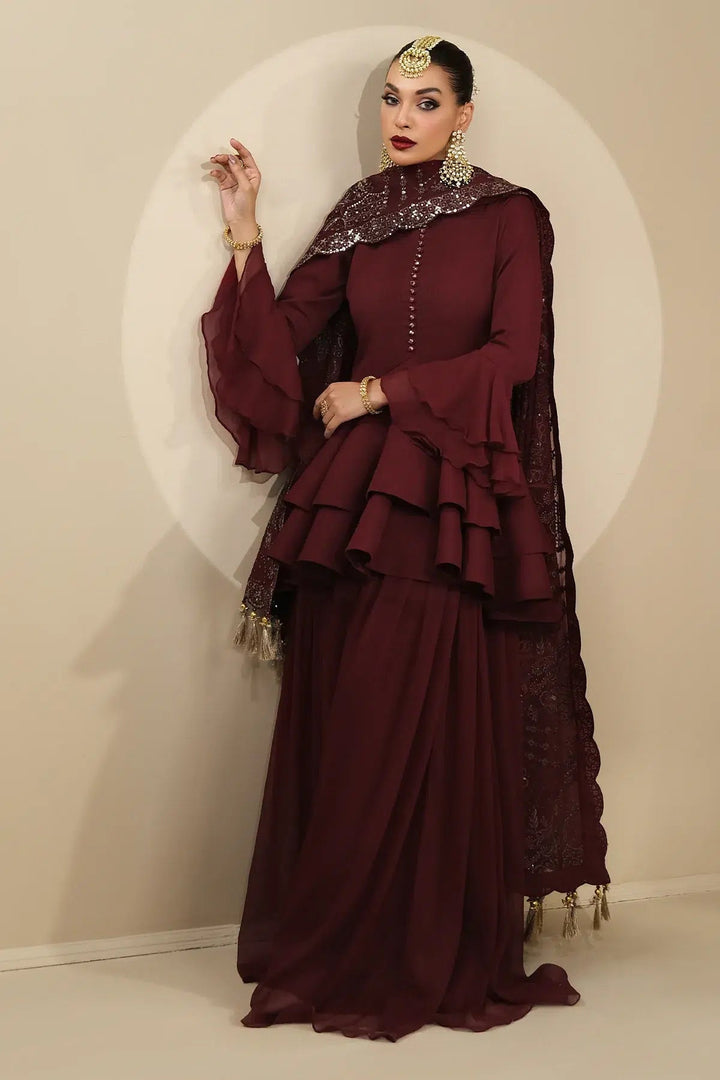 Alizeh | Formals Collection | Maroon Peplum 3 piece - RTW1014 - Pakistani Clothes - Hoorain Designer Wear