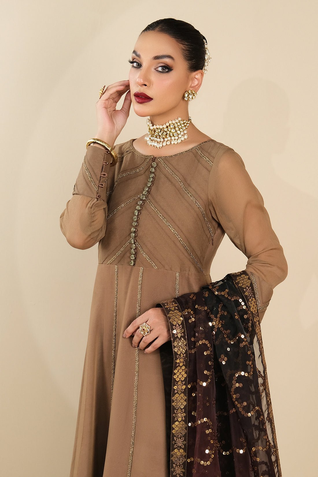 Alizeh | Formals Collection | Rose Beige Dress 3 piece - RTW1017 - Pakistani Clothes - Hoorain Designer Wear