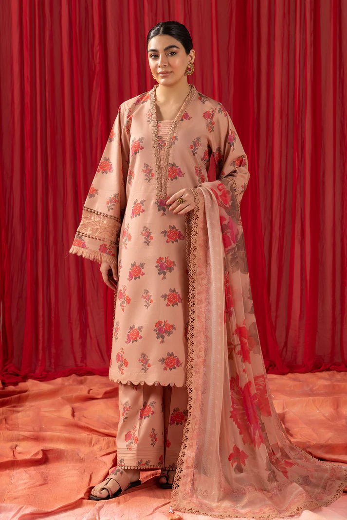 Alizeh | Sheen Lawn Prints 24 | Coral Peach - Pakistani Clothes - Hoorain Designer Wear