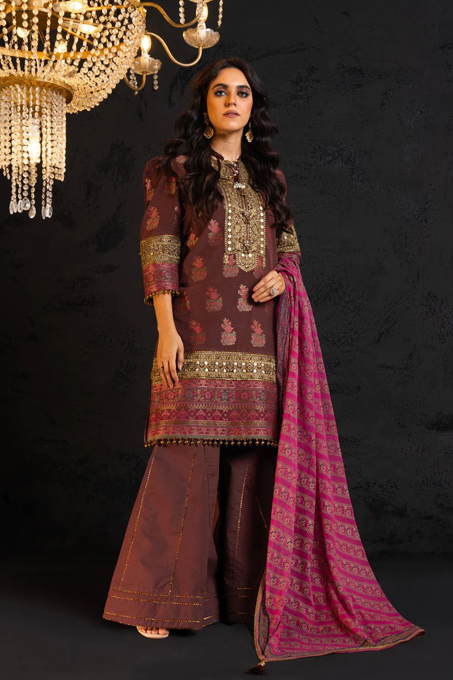 Alkaram | Spring Summer Festive 24 | Embroidered Jacquard Brown - Pakistani Clothes - Hoorain Designer Wear