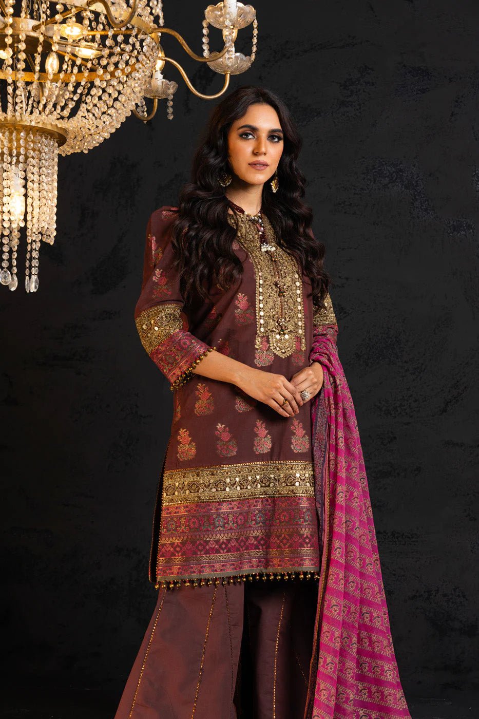 Alkaram | Spring Summer Festive 24 | Embroidered Jacquard Brown - Pakistani Clothes - Hoorain Designer Wear