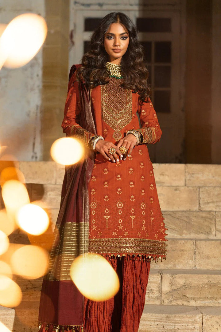 Alkaram | Spring Summer Festive 24 | Embroidered Two Way Slub Rust - Pakistani Clothes - Hoorain Designer Wear