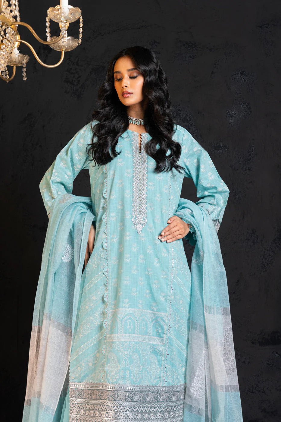 Alkaram | Spring Summer Festive 24 | Embroidered Two Way Slub Sky Blue - Pakistani Clothes - Hoorain Designer Wear