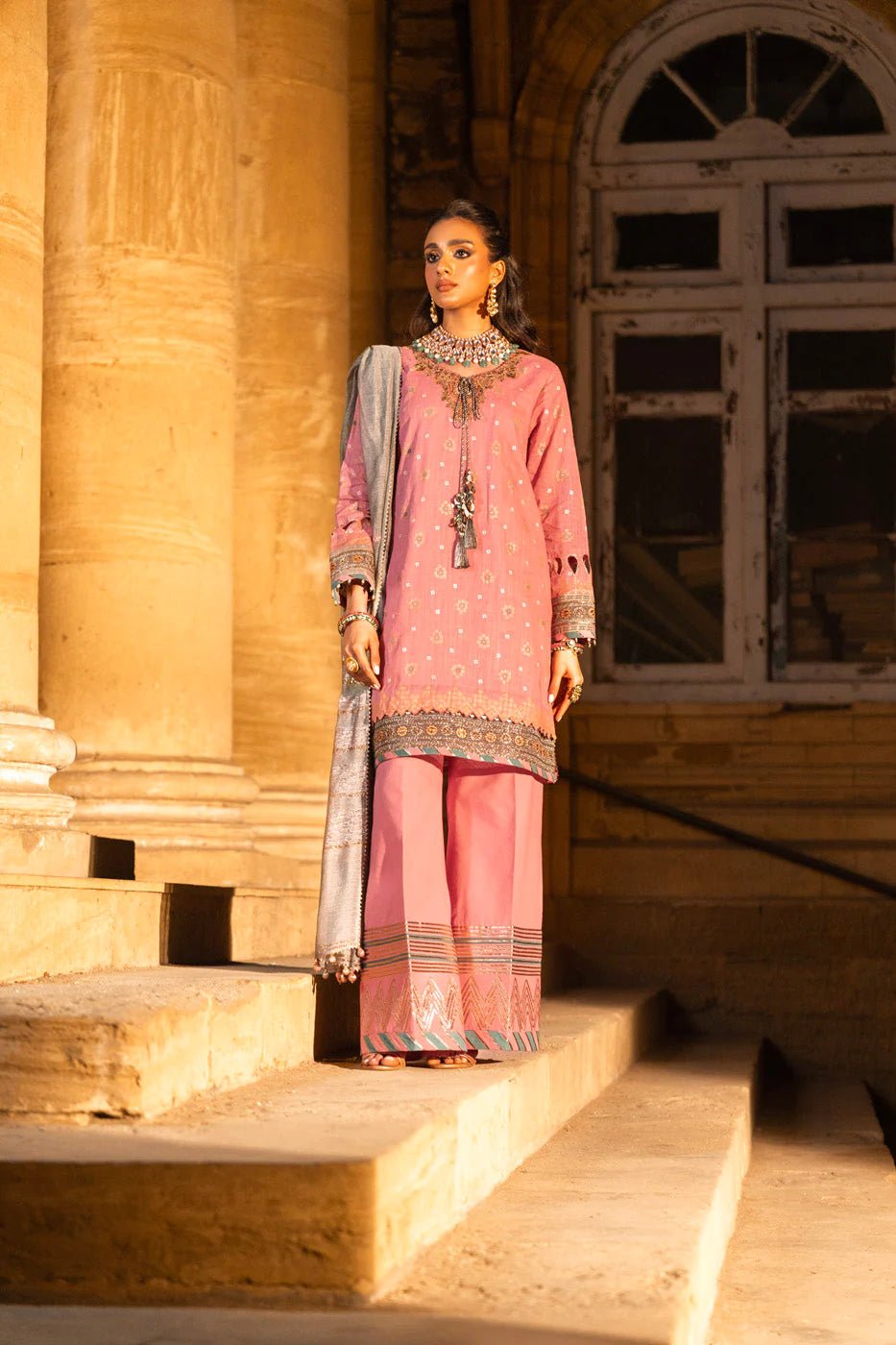 Alkaram | Spring Summer Festive 24 | Embroidered Two Way Slub Tea Pink - Pakistani Clothes - Hoorain Designer Wear