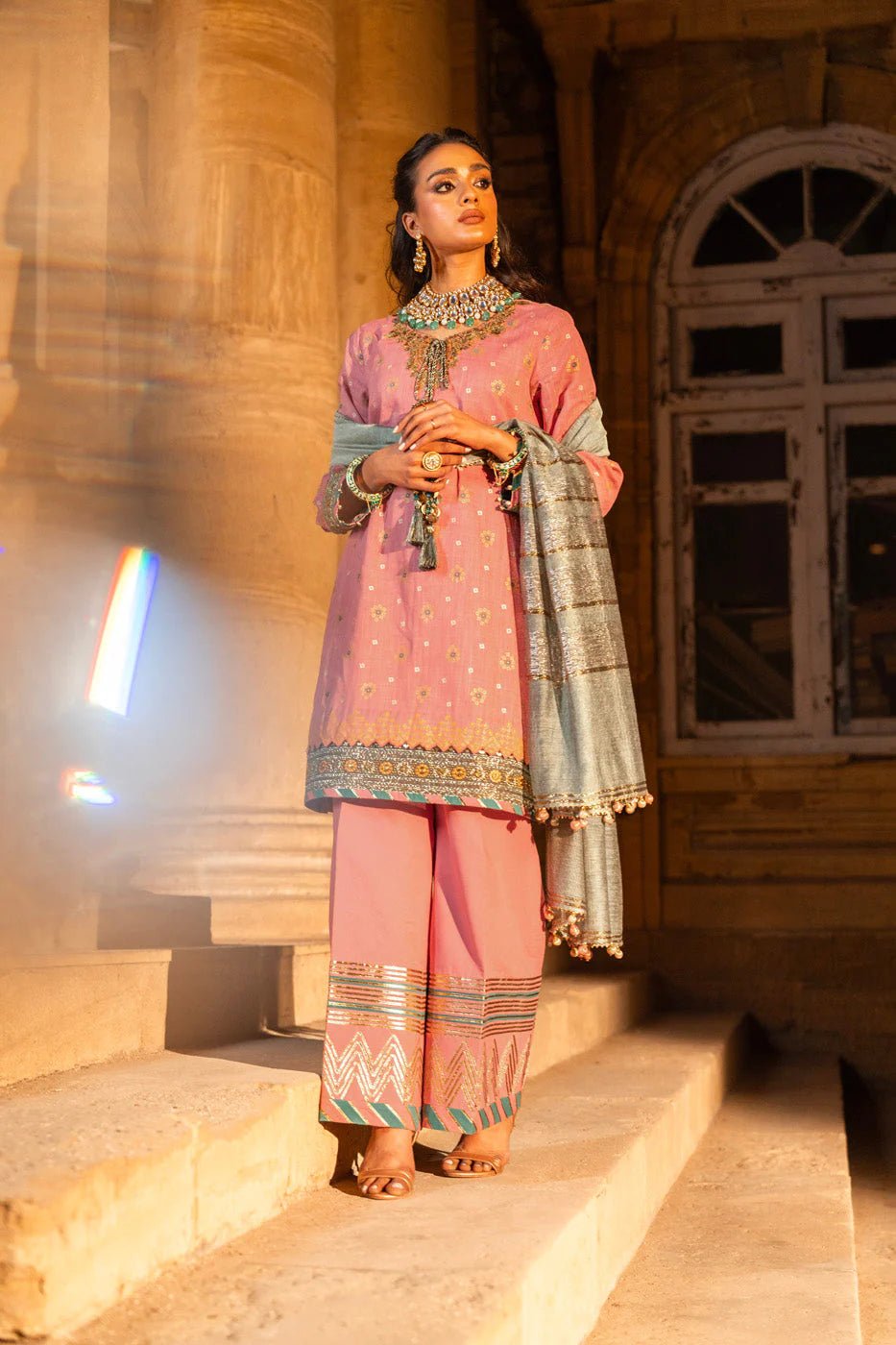 Alkaram | Spring Summer Festive 24 | Embroidered Two Way Slub Tea Pink - Pakistani Clothes - Hoorain Designer Wear