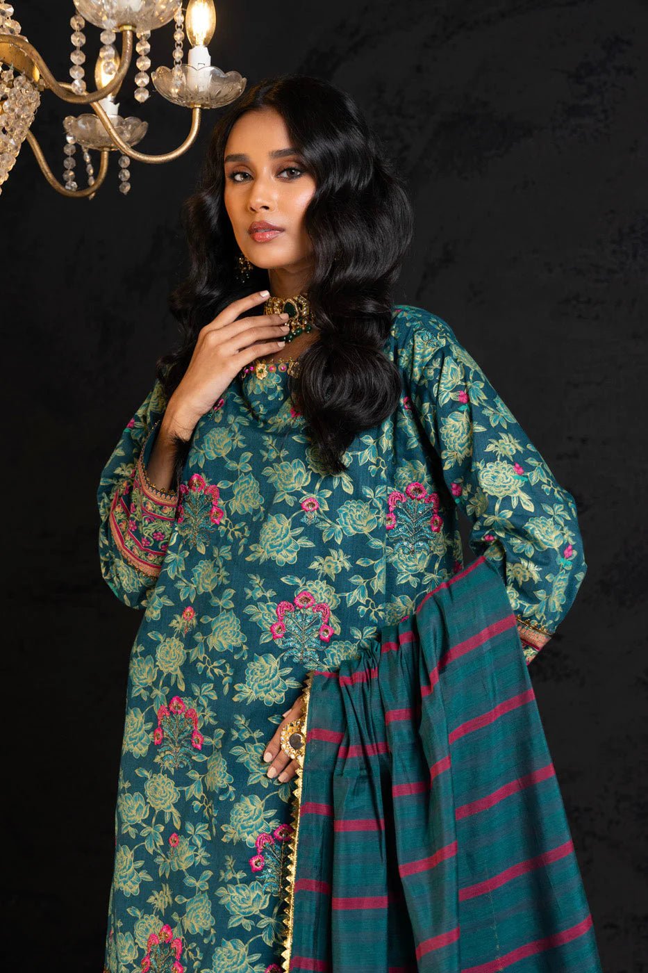 Alkaram | Spring Summer Festive 24 | Embroidered Two Way Slub Teal - Pakistani Clothes - Hoorain Designer Wear