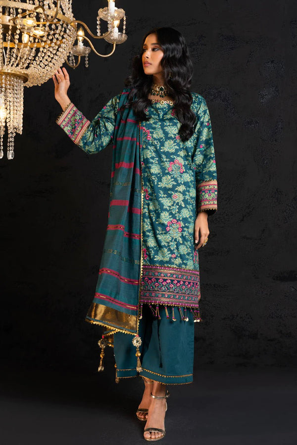 Alkaram | Spring Summer Festive 24 | Embroidered Two Way Slub Teal - Pakistani Clothes - Hoorain Designer Wear