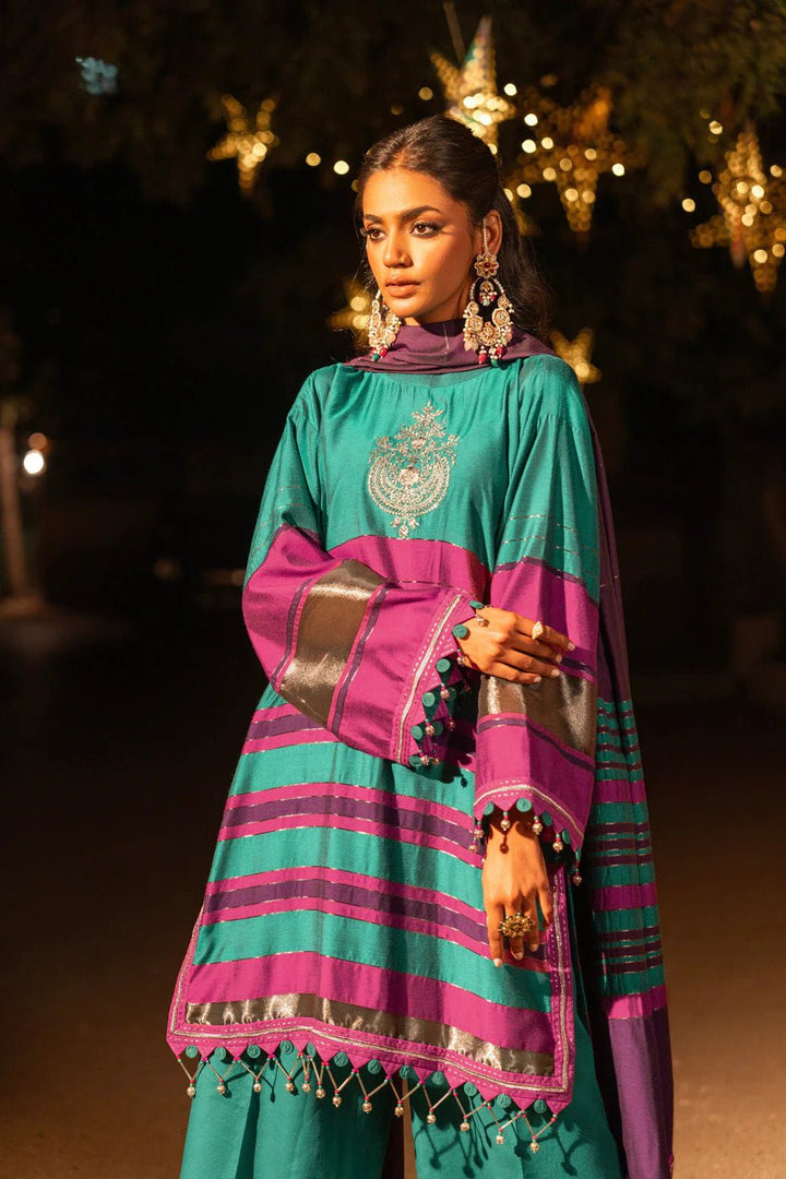 Alkaram | Spring Summer Festive 24 | Embroidered Yarn Dyed Teal - Pakistani Clothes - Hoorain Designer Wear