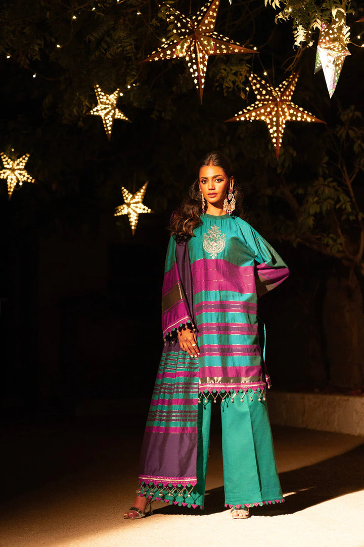 Alkaram | Spring Summer Festive 24 | Embroidered Yarn Dyed Teal - Hoorain Designer Wear - Pakistani Designer Clothes for women, in United Kingdom, United states, CA and Australia