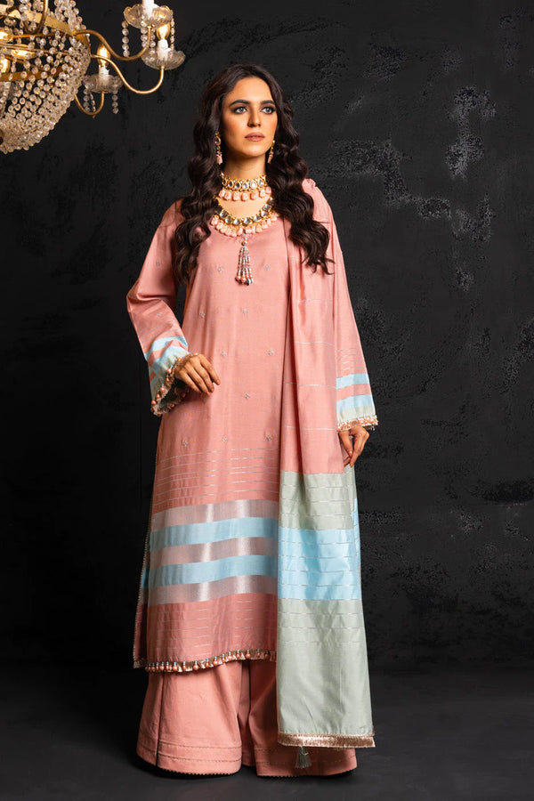 Alkaram | Spring Summer Festive 24 | Embroidered Yarn Dyed Salmon Pink - Hoorain Designer Wear - Pakistani Ladies Branded Stitched Clothes in United Kingdom, United states, CA and Australia