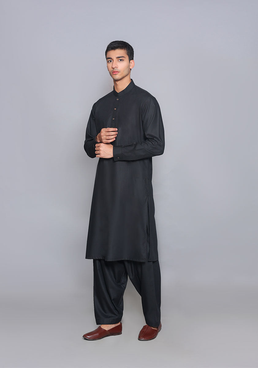 Pakistani Menswear | Amir Adnan - Basic Poly Viscose Pirat Black Classic Fit Suit - Pakistani Clothes for women, in United Kingdom and United States