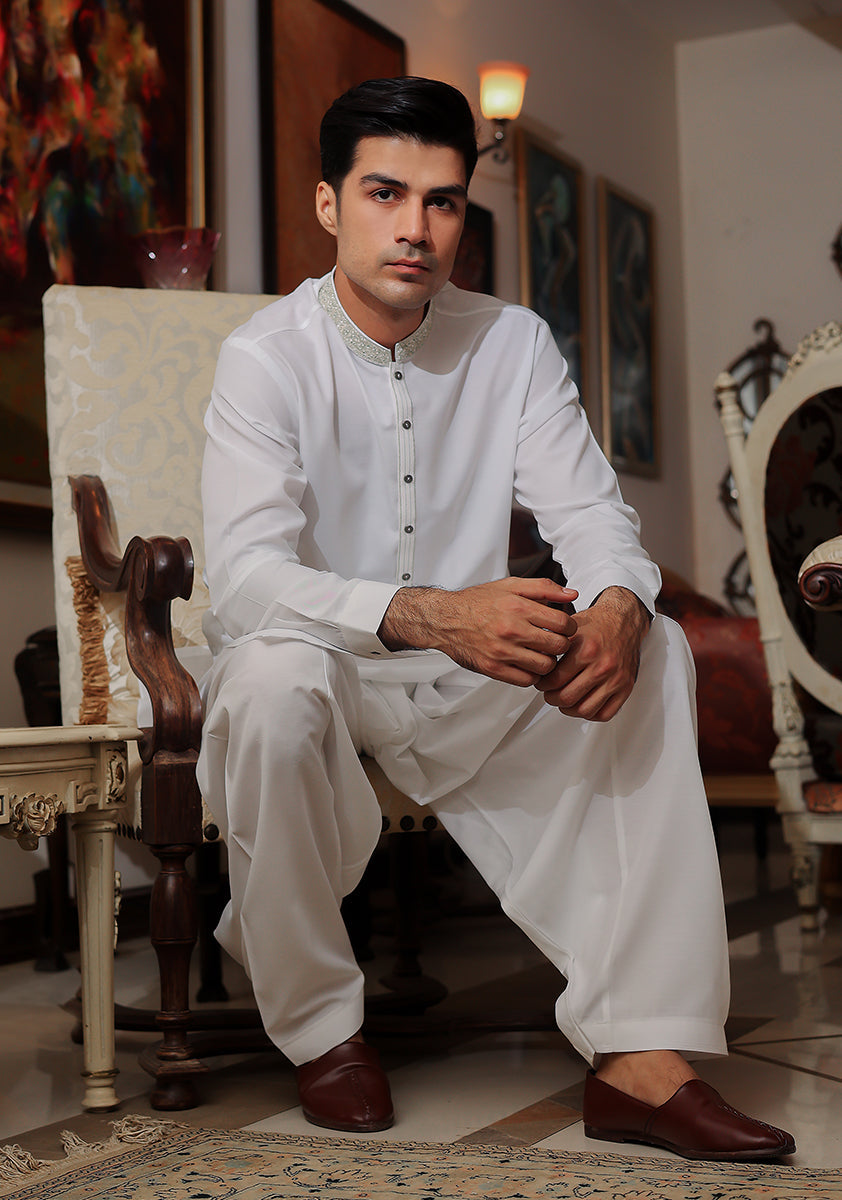 Pakistani Menswear | Amir Adnan - Basic Cotton Silk Cloud Dancer Classic Fit Embroidered Suit - Pakistani Clothes for women, in United Kingdom and United States