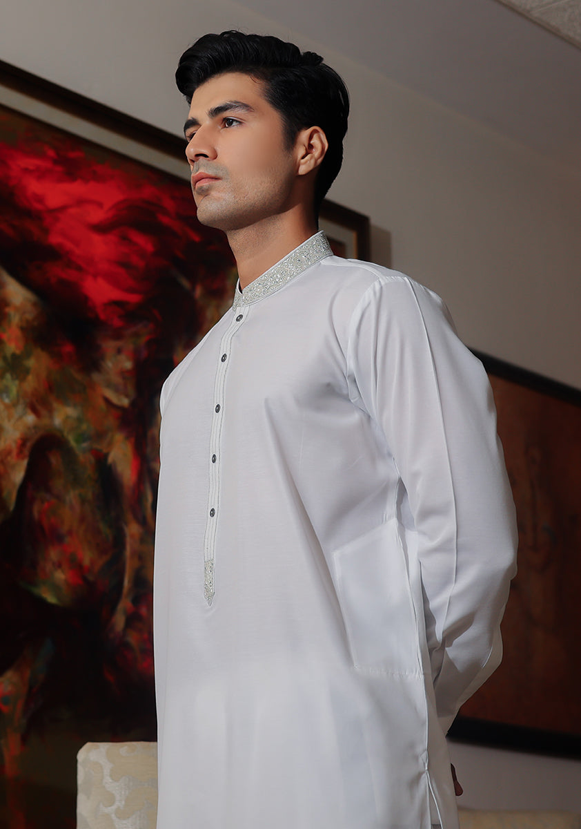 Pakistani Menswear | Amir Adnan - Basic Cotton Silk Cloud Dancer Classic Fit Embroidered Suit - Pakistani Clothes for women, in United Kingdom and United States