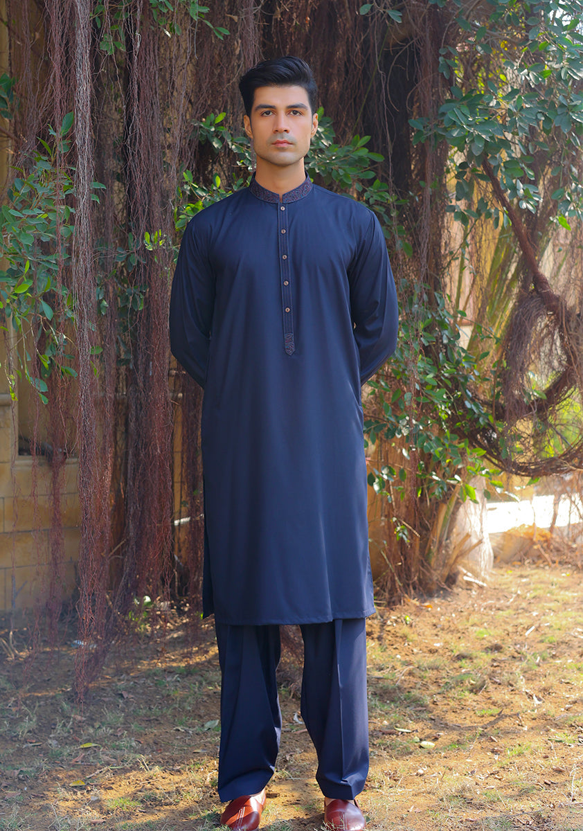 Pakistani Menswear | Amir Adnan - Basic Poly Viscose Dark Sapphire Classic Fit Embroidered Suit - Pakistani Clothes for women, in United Kingdom and United States