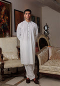 Pakistani Menswear | Amir Adnan - Basic Poly Viscose Bright White Classic Fit Embroidered Suit - Pakistani Clothes for women, in United Kingdom and United States