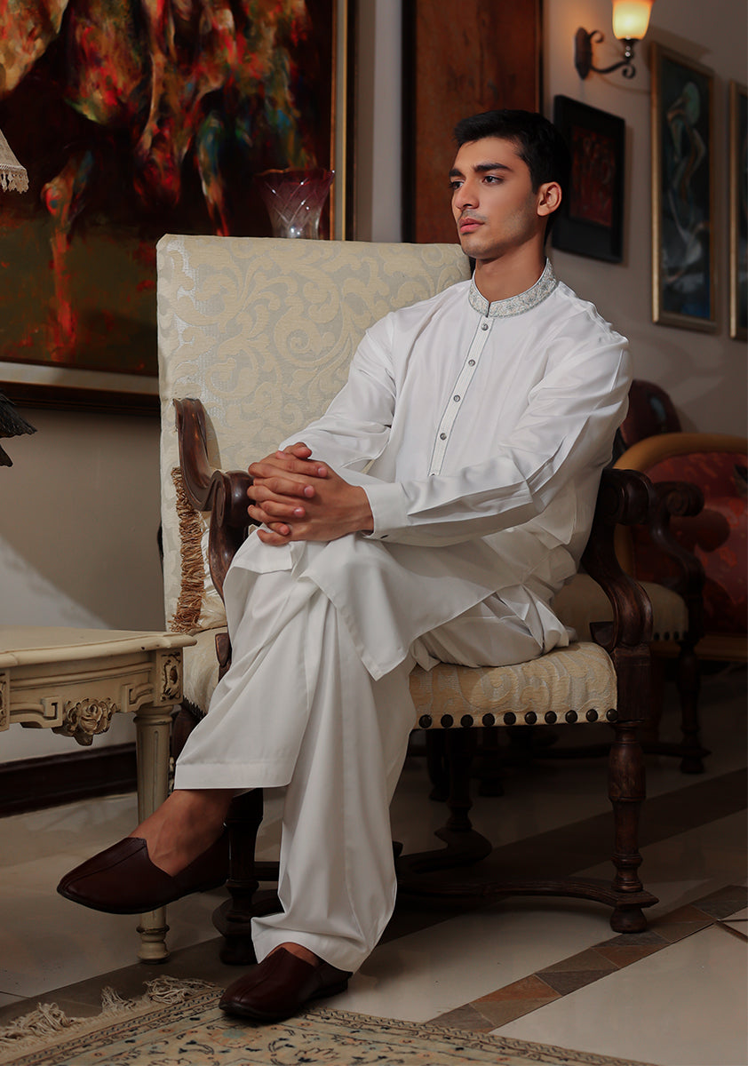 Pakistani Menswear | Amir Adnan - Basic Poly Viscose Bright White Classic Fit Embroidered Suit - Pakistani Clothes for women, in United Kingdom and United States