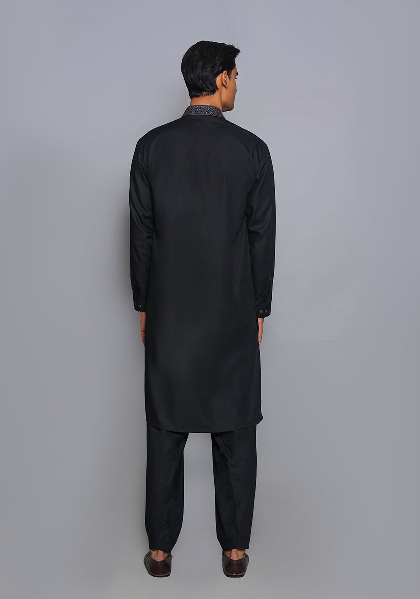 Pakistani Menswear | Amir Adnan - Basic Poly Viscose Pirat Black Classic Fit Embroidered Suit - Pakistani Clothes for women, in United Kingdom and United States