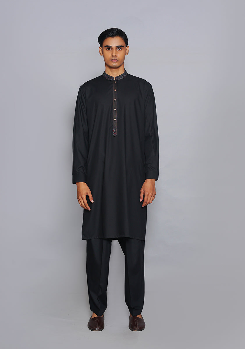 Pakistani Menswear | Amir Adnan - Basic Poly Viscose Pirat Black Classic Fit Embroidered Suit - Pakistani Clothes for women, in United Kingdom and United States