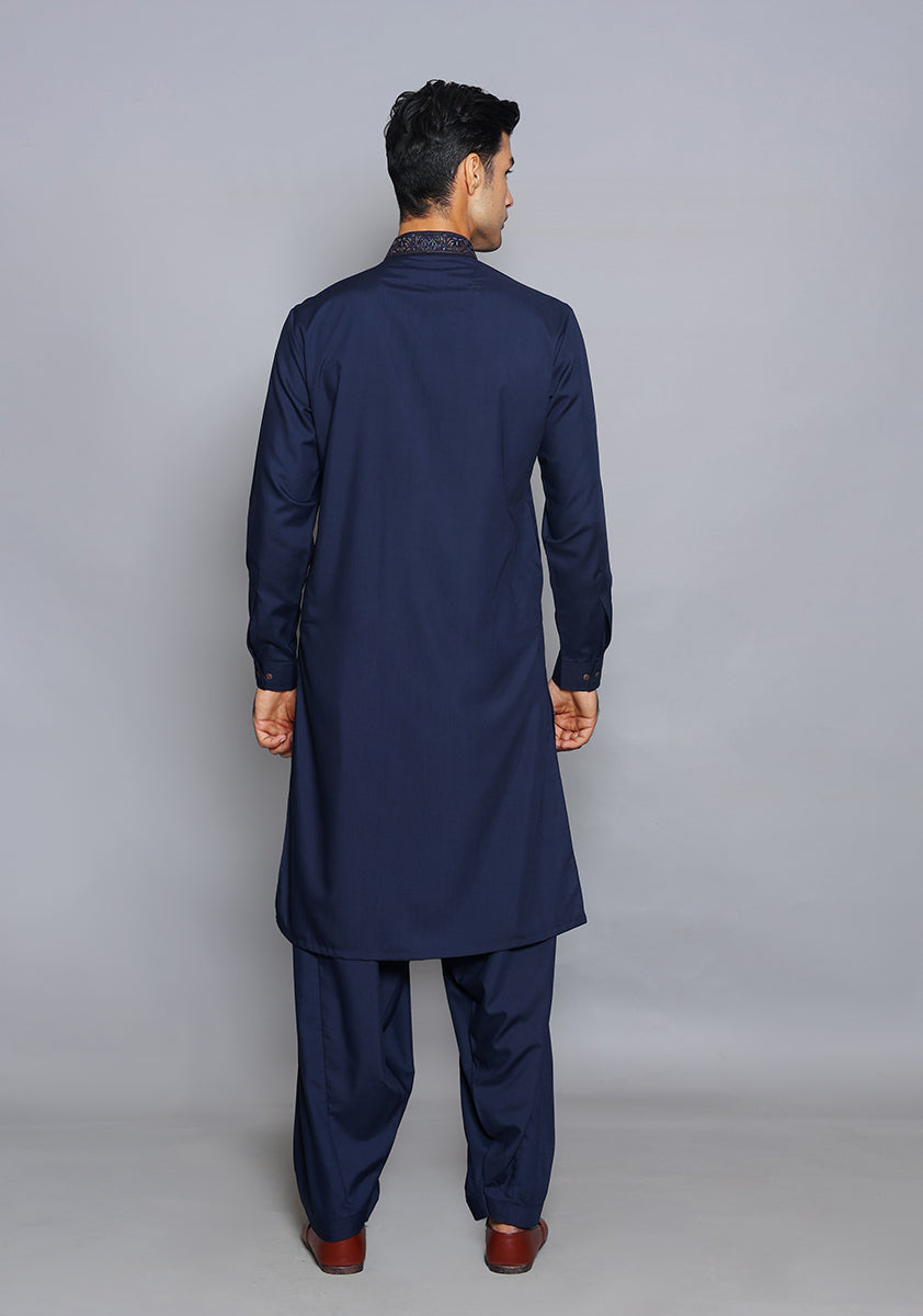 Pakistani Menswear | Amir Adnan - Basic Poly Viscose Navy Blazer Slim Fit Embroidered Suit - Pakistani Clothes for women, in United Kingdom and United States