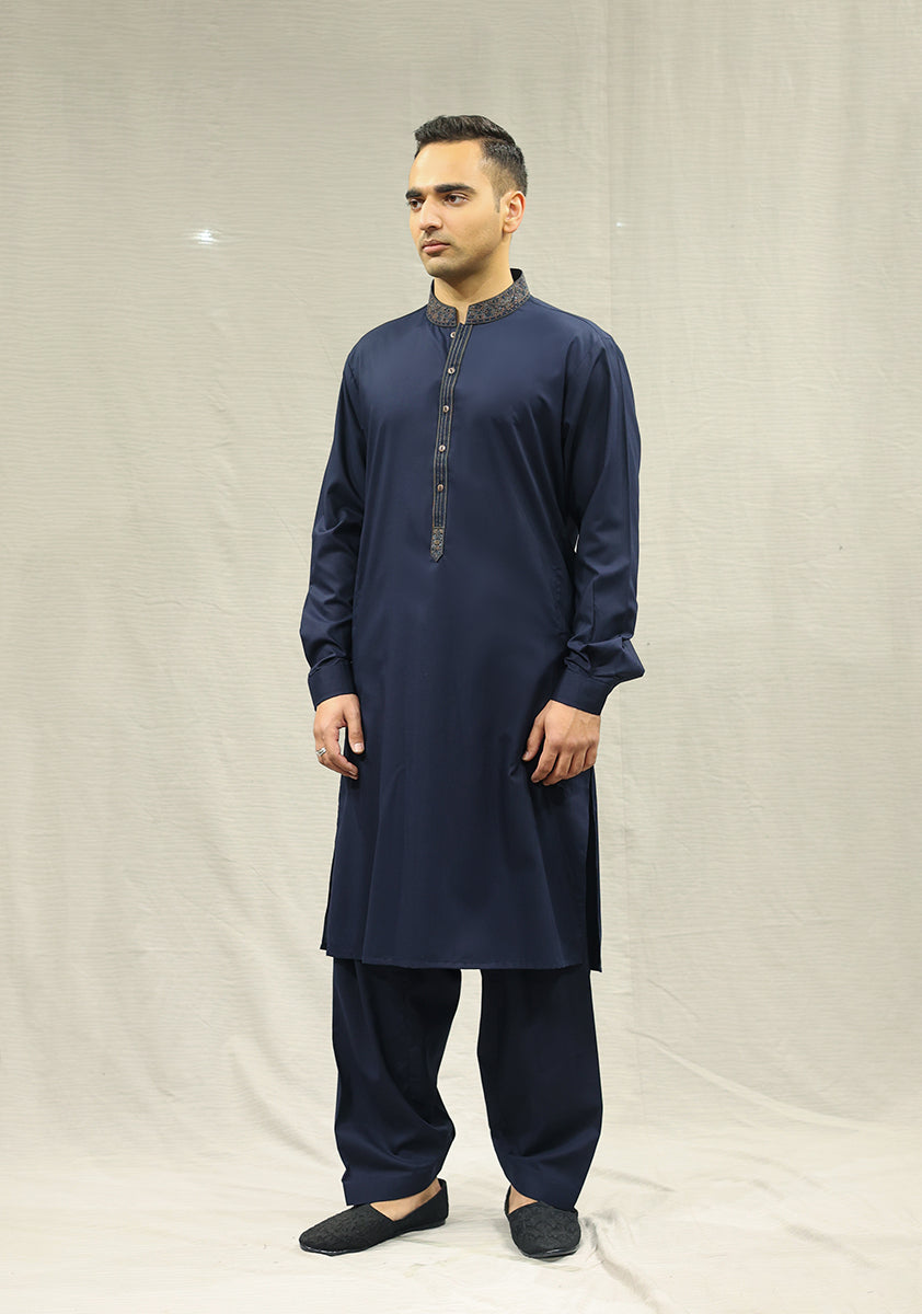 Pakistani Menswear | Amir Adnan - Classic Poly Viscose Salute Slim Fit Embroidered Suit - Pakistani Clothes for women, in United Kingdom and United States