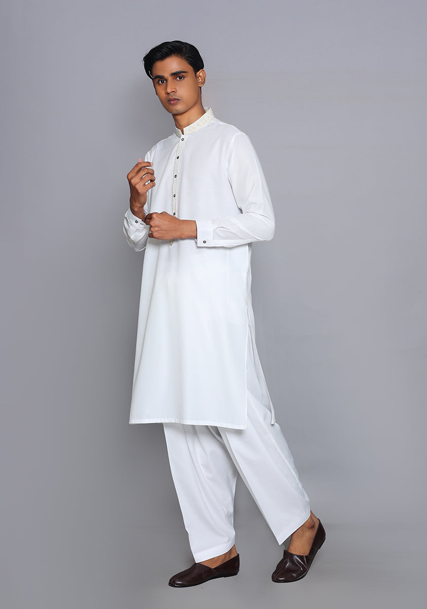 Pakistani Menswear | Amir Adnan - Basic Cotton Silk Cloud Dancer Classic Fit Embroidered Suit - Pakistani Clothes for women, in United Kingdom and United States