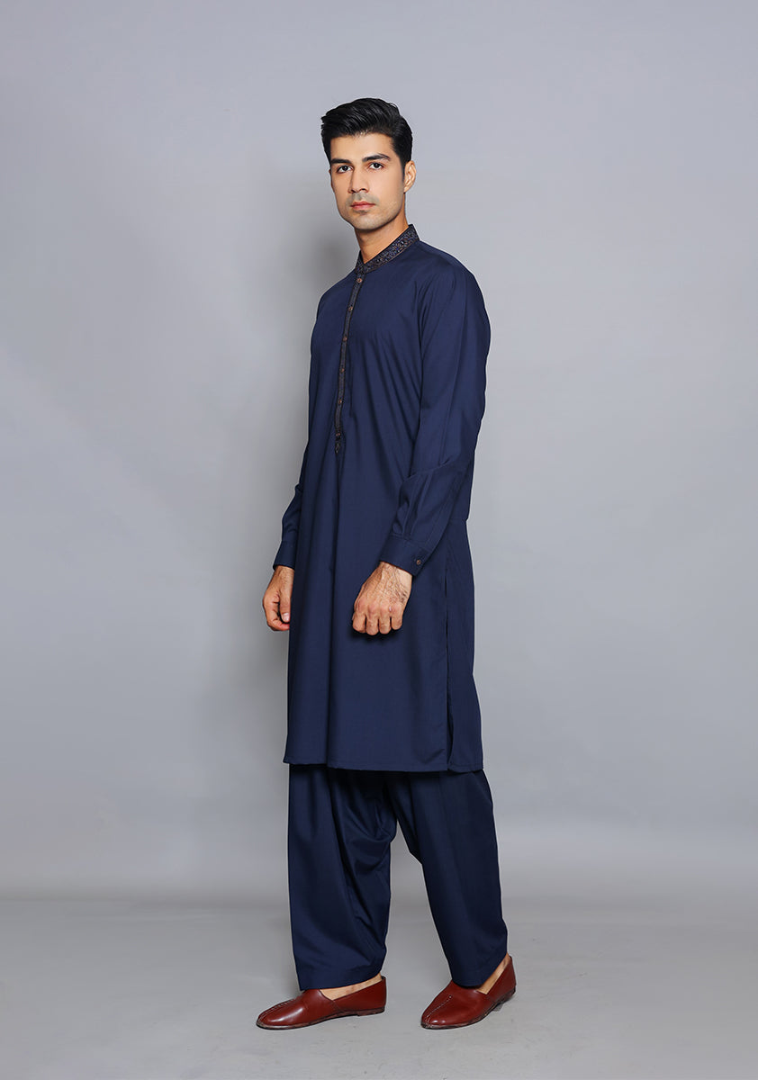 Pakistani Menswear | Amir Adnan - Basic Poly Viscose Navy Blazer Slim Fit Embroidered Suit - Pakistani Clothes for women, in United Kingdom and United States