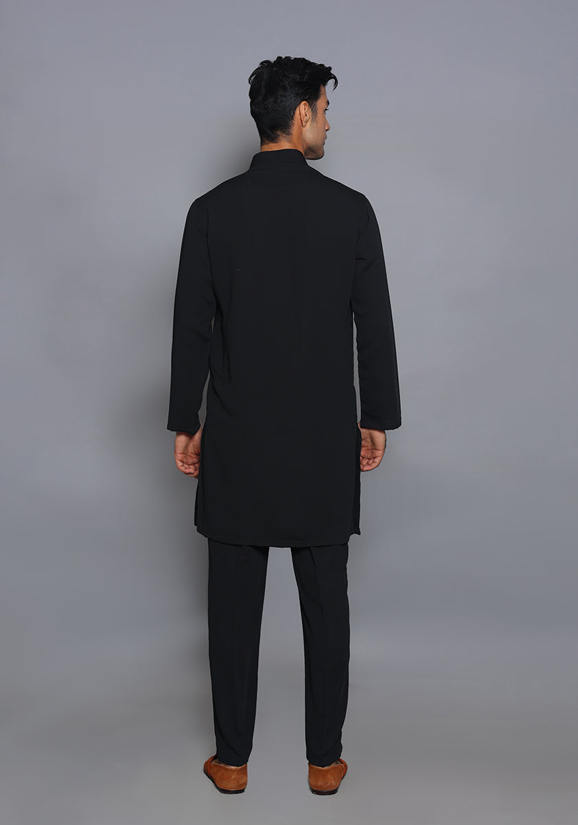 Pakistani Menswear | Amir Adnan - Classic Georgette Jet Black Slim Fit Plain Suit - Pakistani Clothes for women, in United Kingdom and United States