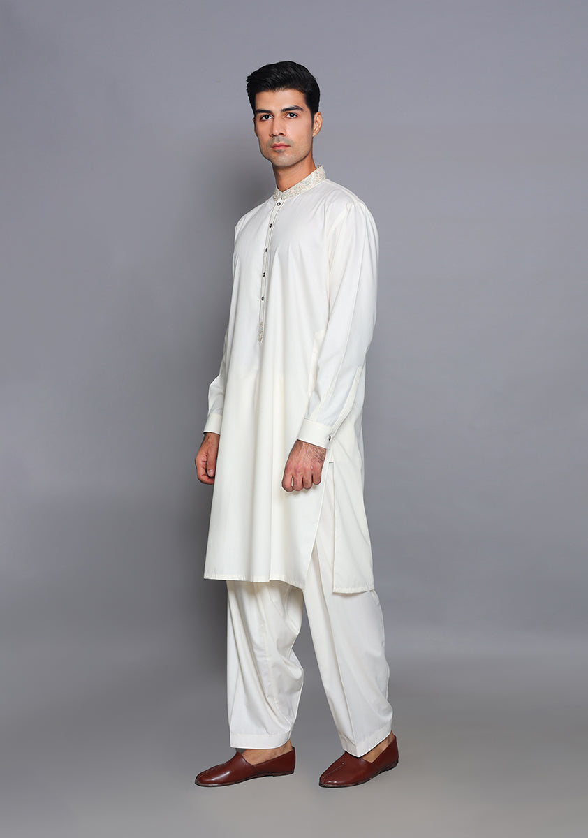 Pakistani Menswear | Amir Adnan - Basic Poly Viscose Snow White Classic Fit Embroidered Suit - Pakistani Clothes for women, in United Kingdom and United States