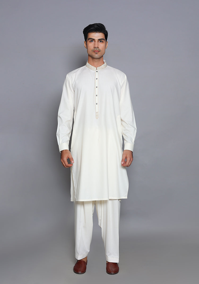 Pakistani Menswear | Amir Adnan - Basic Poly Viscose Snow White Classic Fit Embroidered Suit - Pakistani Clothes for women, in United Kingdom and United States