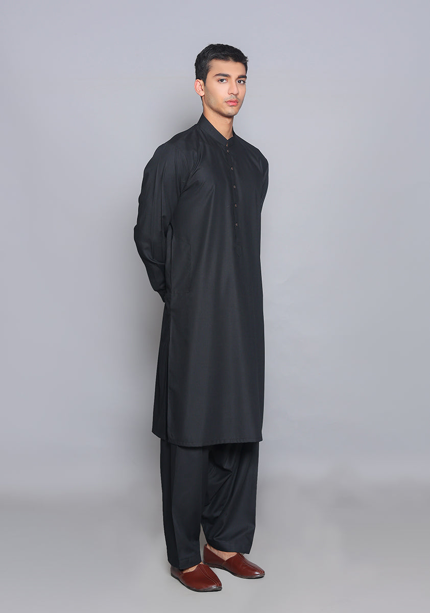 Pakistani Menswear | Amir Adnan - Basic Poly Viscose Pirat Black Slim Fit Plain Suit - Pakistani Clothes for women, in United Kingdom and United States