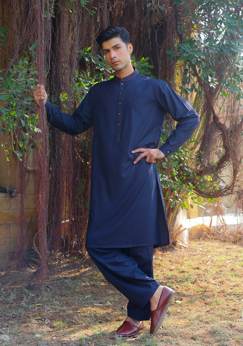 Pakistani Menswear | Amir Adnan - Basic Poly Viscose Dark Sapphire Classic Fit Embroidered Suit - Pakistani Clothes for women, in United Kingdom and United States