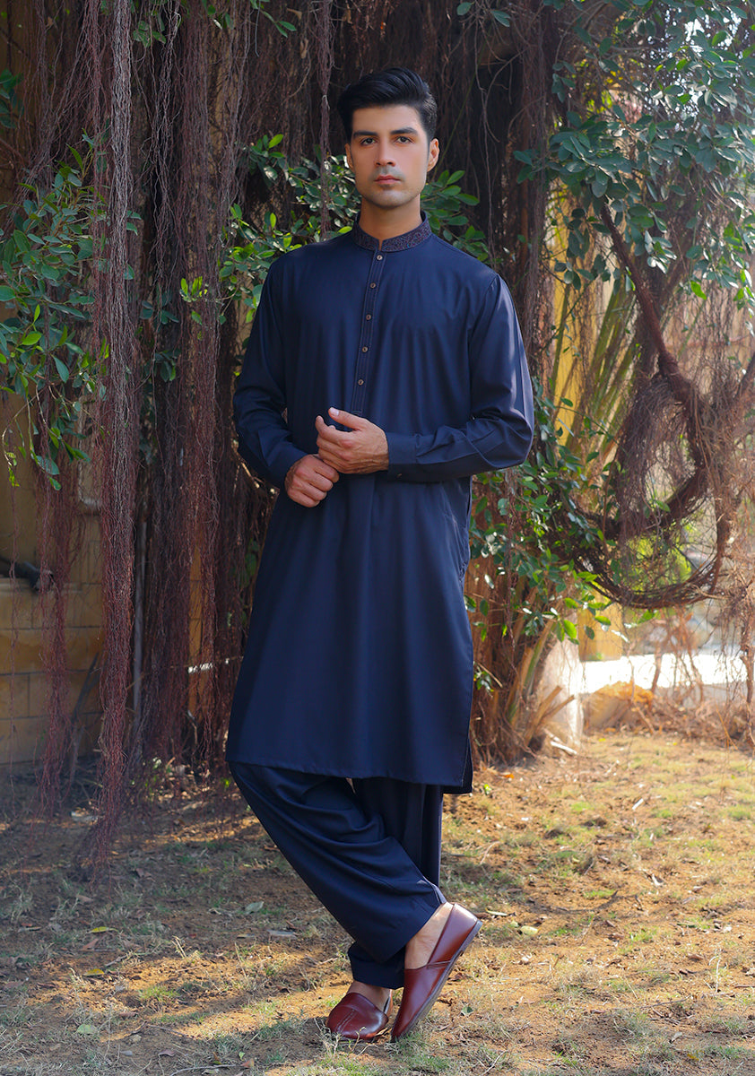 Pakistani Menswear | Amir Adnan - Basic Poly Viscose Dark Sapphire Classic Fit Embroidered Suit - Pakistani Clothes for women, in United Kingdom and United States