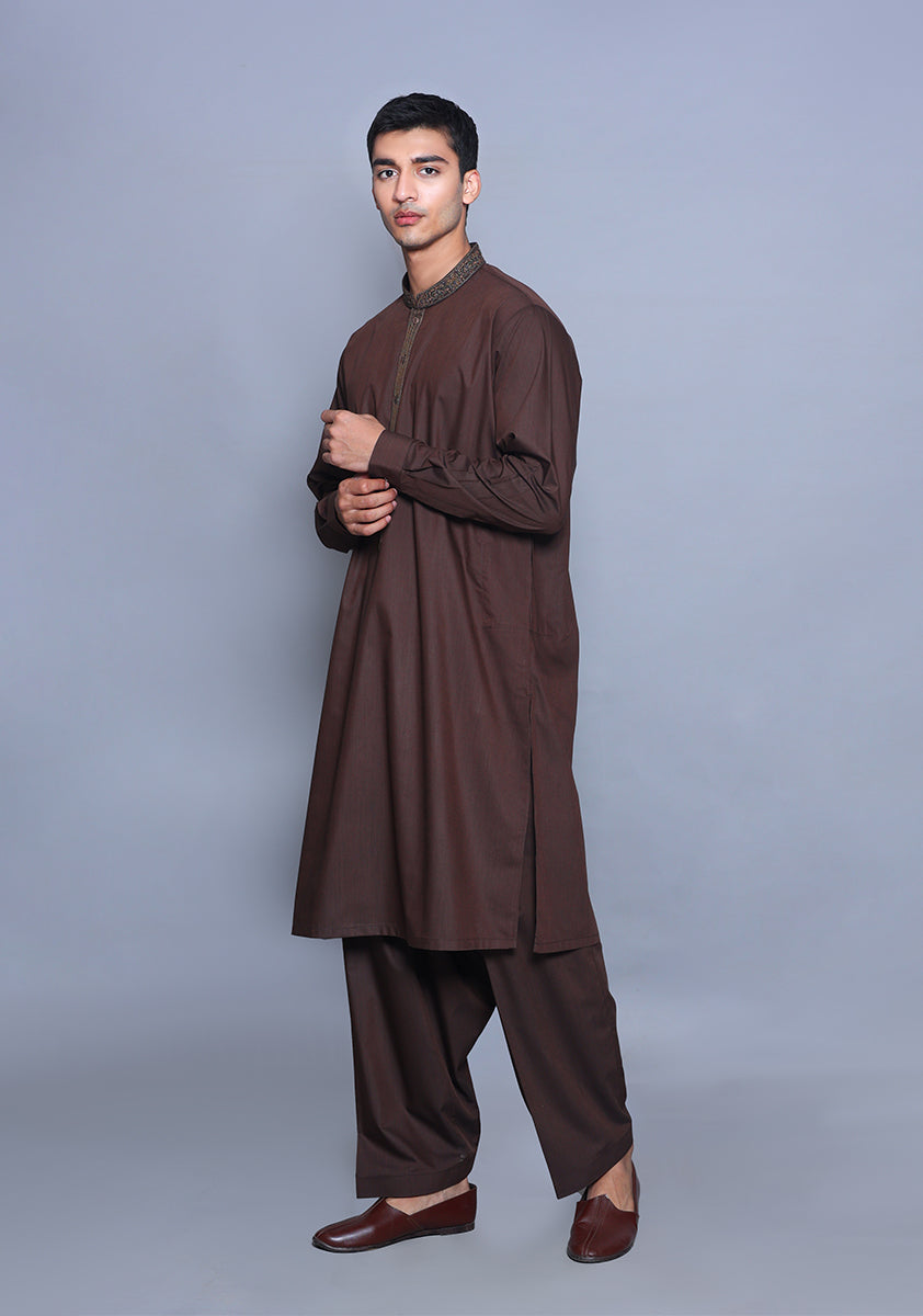 Pakistani Menswear | Amir Adnan - Basic Poly Viscose Wren Classic Fit Embroidered Suit - Pakistani Clothes for women, in United Kingdom and United States