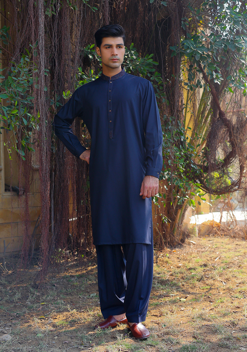 Pakistani Menswear | Amir Adnan - Basic Poly Viscose Dark Sapphire Classic Fit Embroidered Suit - Pakistani Clothes for women, in United Kingdom and United States