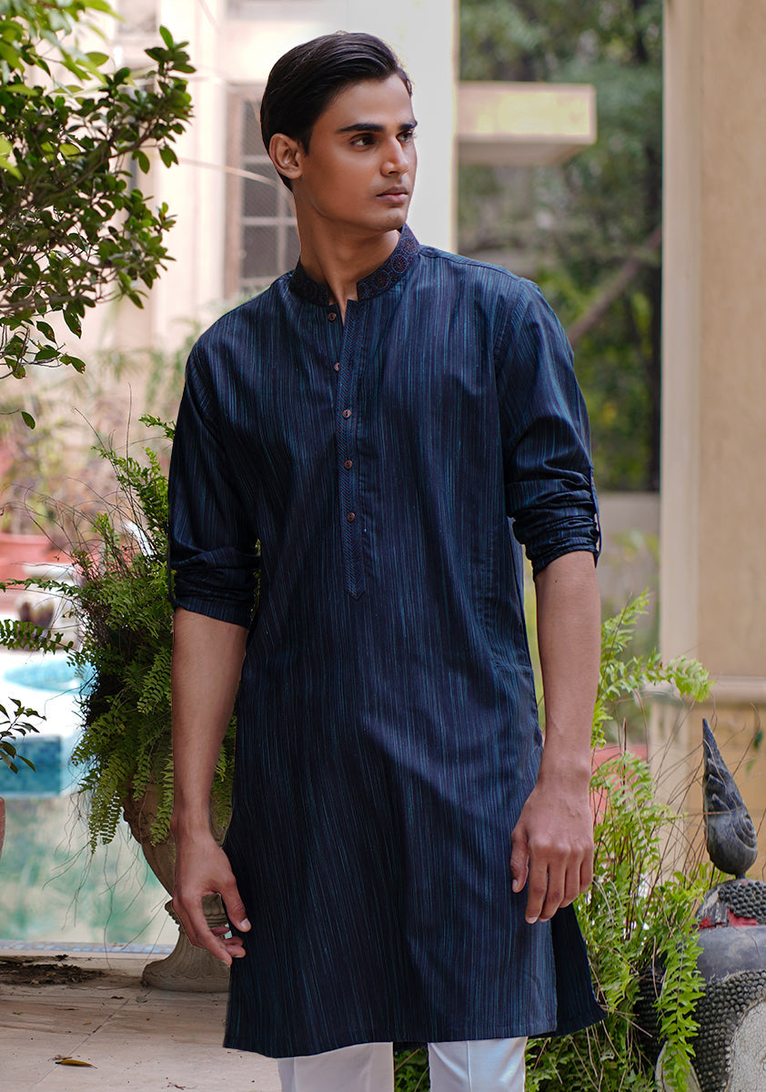 Pakistani Menswear | Amir Adnan - Basic Poly Viscose Deep Teal Slim Fit Kurta - Pakistani Clothes for women, in United Kingdom and United States