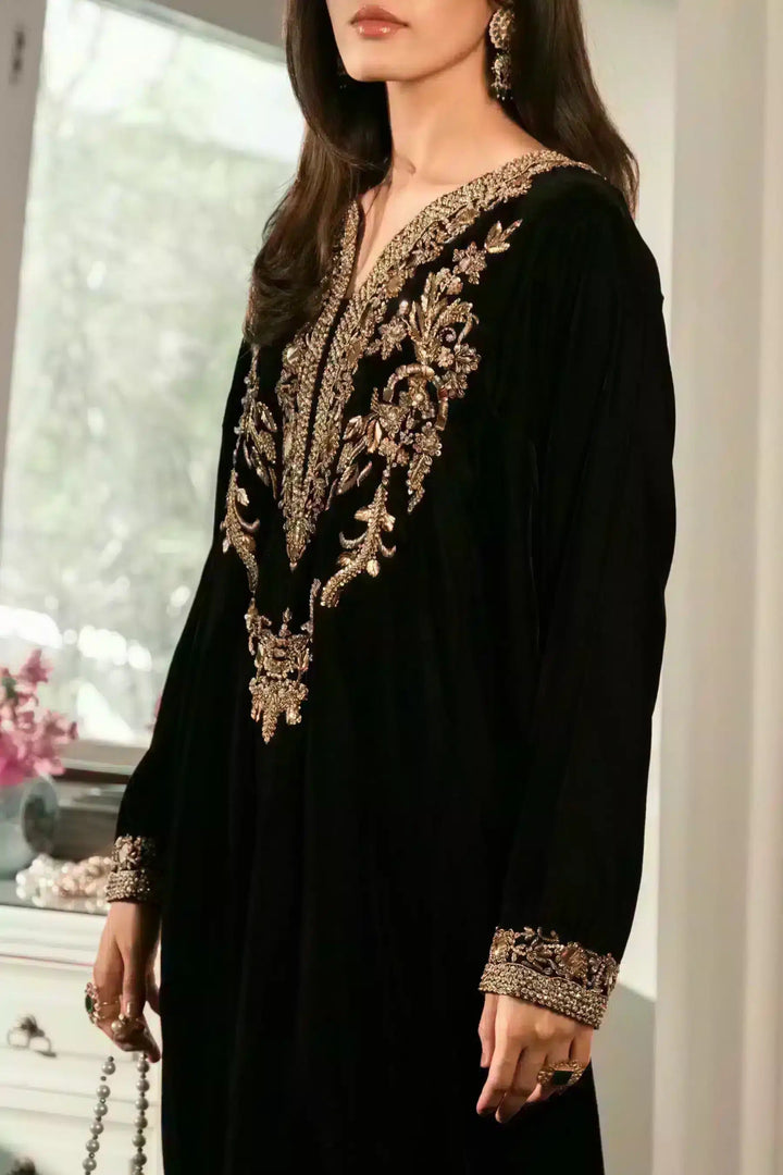 Ammara Khan | Kaftans 23 | BLACK VELVET KAFTAN (D - 01) - Pakistani Clothes - Hoorain Designer Wear