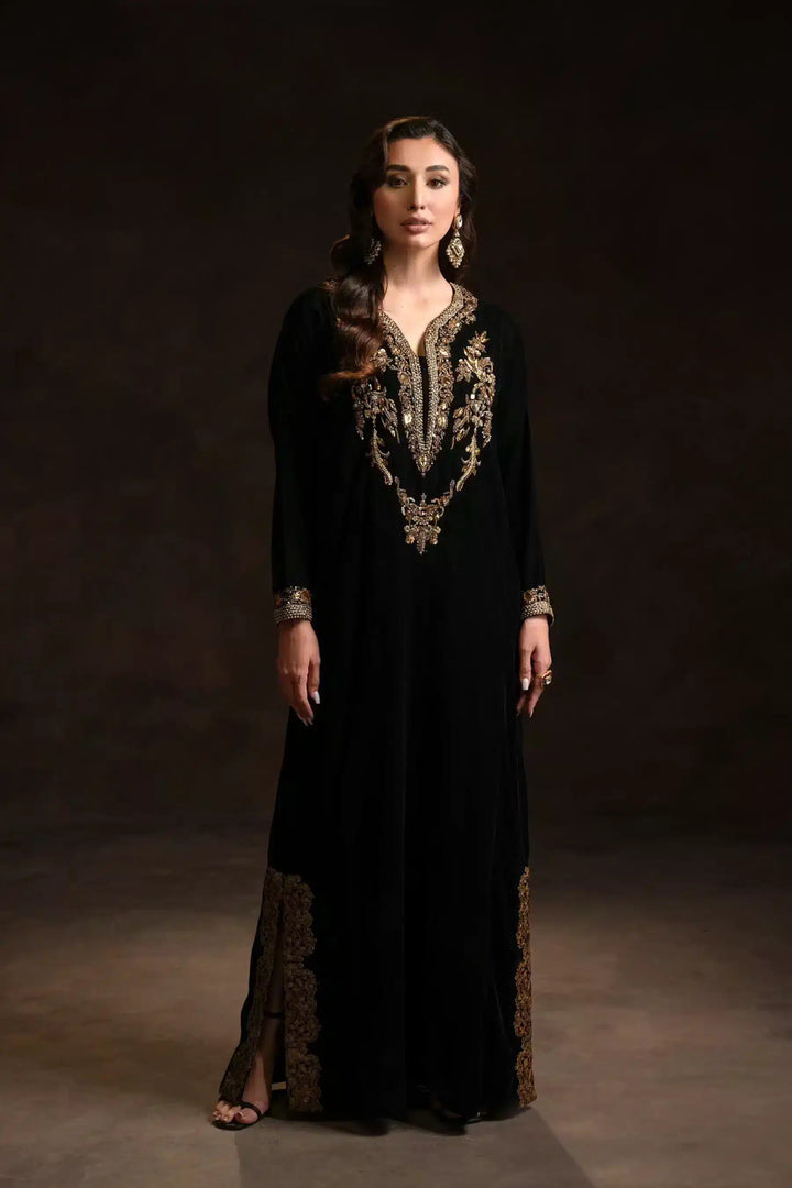 Ammara Khan | Kaftans 23 | BLACK VELVET KAFTAN (D - 01) - Pakistani Clothes - Hoorain Designer Wear