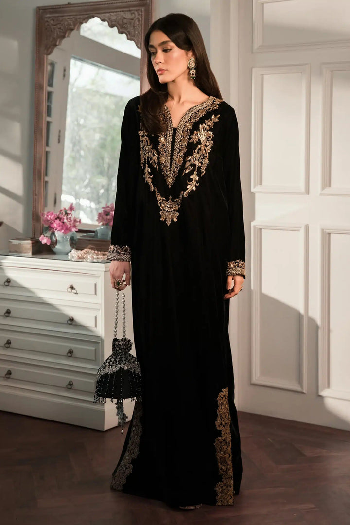 Ammara Khan | Kaftans 23 | BLACK VELVET KAFTAN (D - 01) - Pakistani Clothes - Hoorain Designer Wear