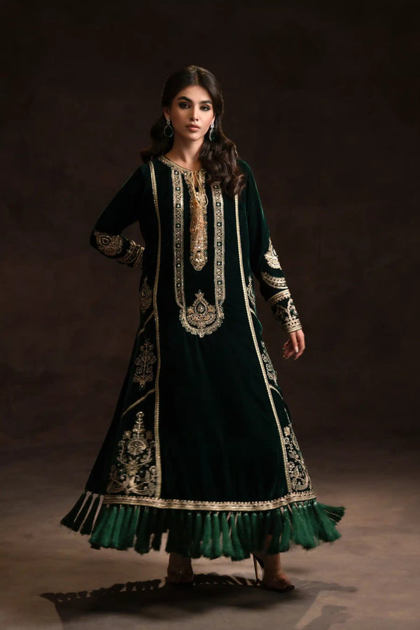 Ammara Khan | Kaftans 23 | EMERALD GREEN VELVET LUXE (D - 05) - Pakistani Clothes - Hoorain Designer Wear