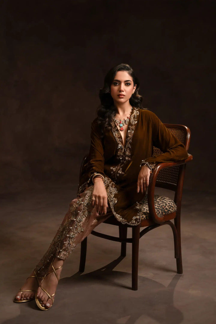 Ammara Khan | Velvet 23/24 | MODERN SHIRT AND SHALWAR SET (D - 09C) - Pakistani Clothes - Hoorain Designer Wear