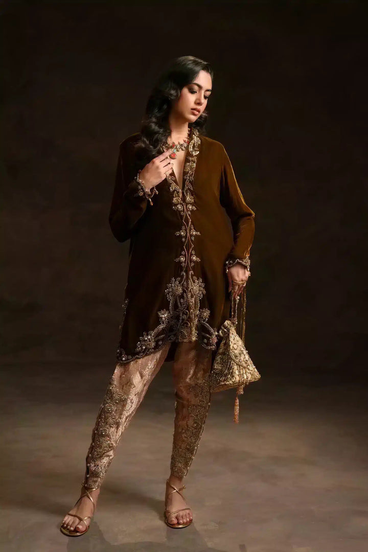 Ammara Khan | Velvet 23/24 | MODERN SHIRT AND SHALWAR SET (D - 09C) - Pakistani Clothes - Hoorain Designer Wear