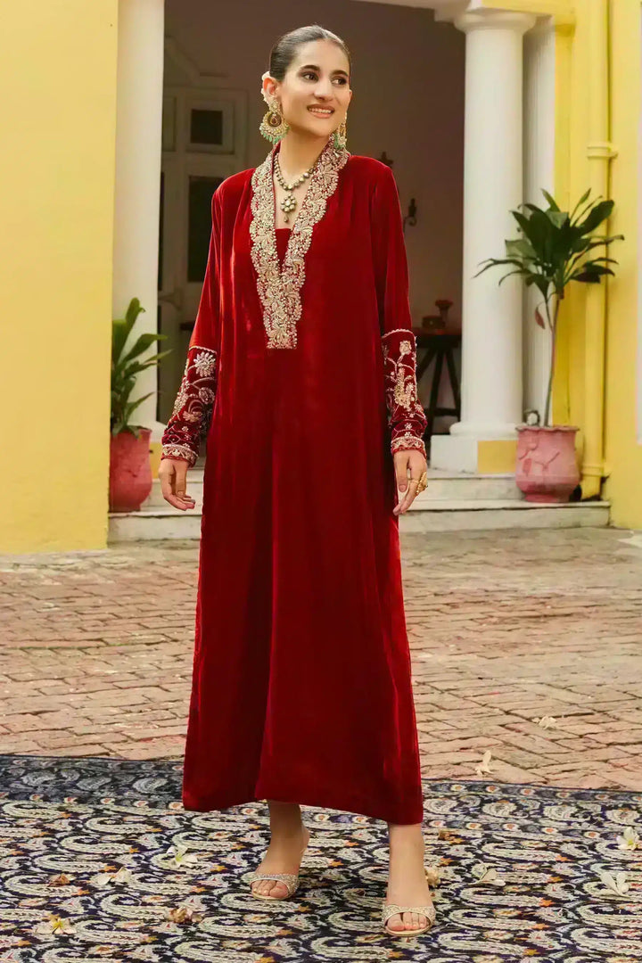 Ammara Khan | Velvet 23/24 | RICH RUST AND GOLD VELVET LONG SHIRT (D - 04) - Pakistani Clothes - Hoorain Designer Wear