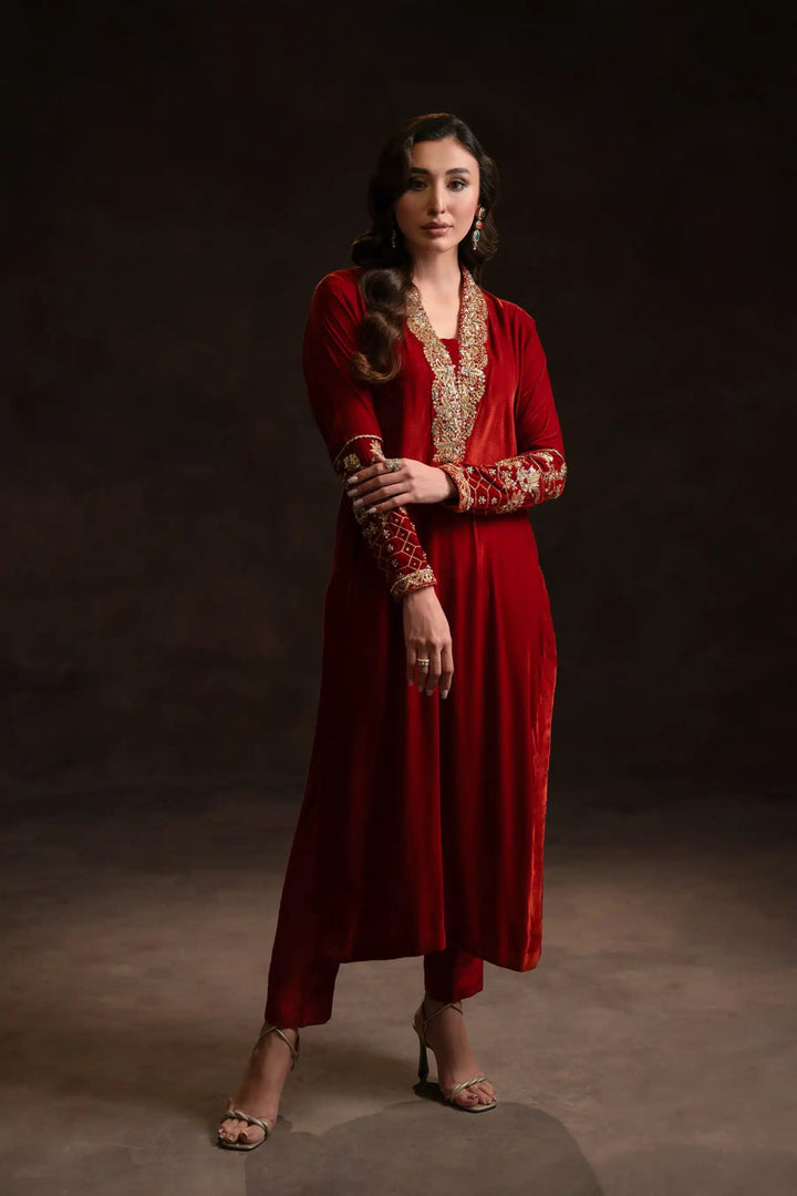 Ammara Khan | Velvet 23/24 | RICH RUST AND GOLD VELVET LONG SHIRT (D - 04) - Pakistani Clothes - Hoorain Designer Wear