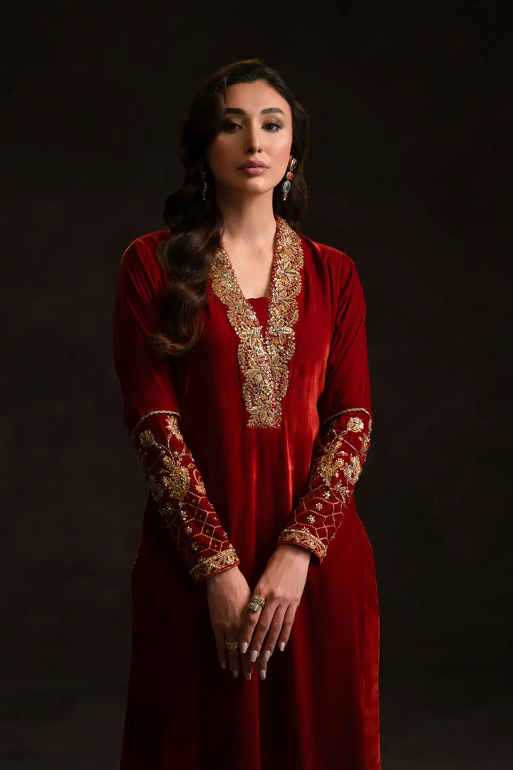 Ammara Khan | Velvet 23/24 | RICH RUST AND GOLD VELVET LONG SHIRT (D - 04) - Pakistani Clothes - Hoorain Designer Wear