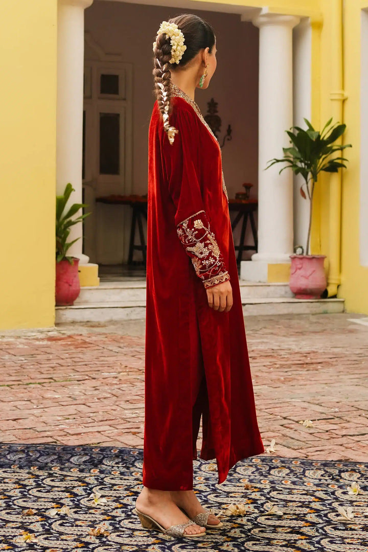 Ammara Khan | Velvet 23/24 | RICH RUST AND GOLD VELVET LONG SHIRT (D - 04) - Pakistani Clothes - Hoorain Designer Wear