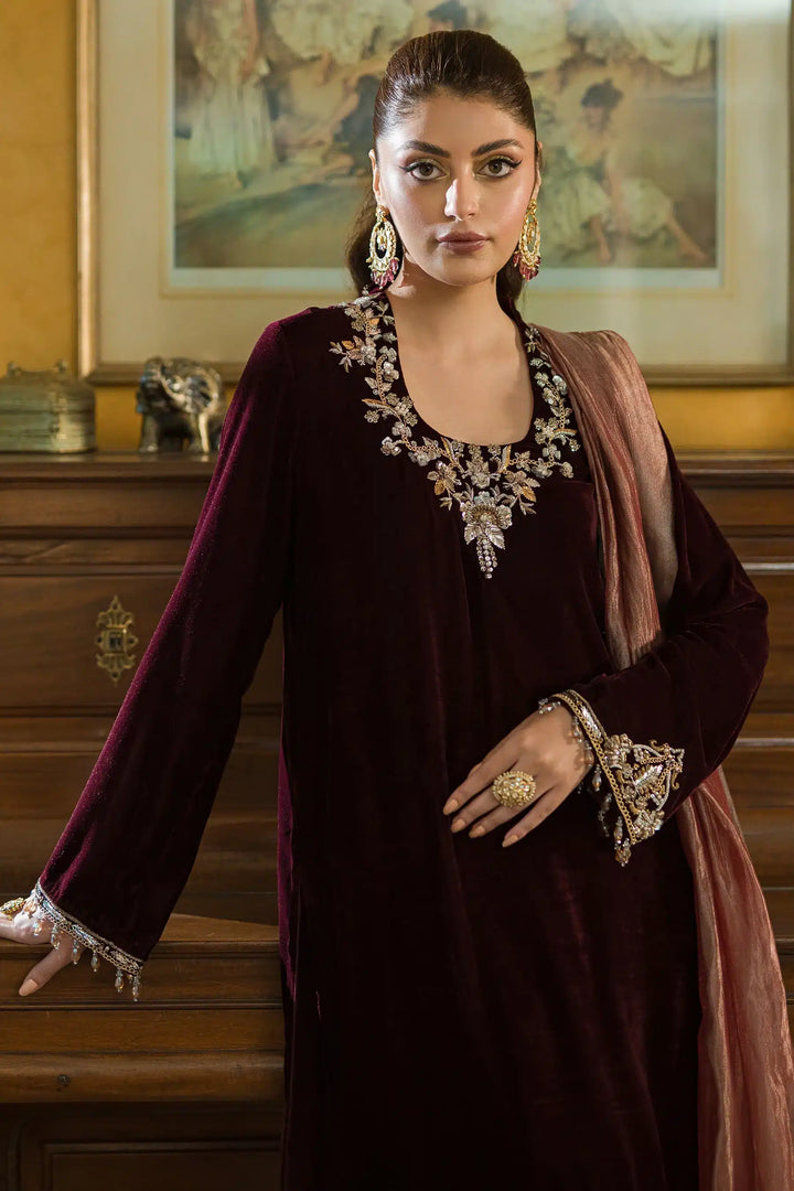 Ammara Khan | Velvet 23/24 | PLUM VELVET KURTA SHALWAR SET (D-08) - Hoorain Designer Wear - Pakistani Designer Clothes for women, in United Kingdom, United states, CA and Australia