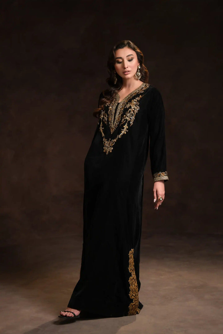 Ammara Khan | Kaftans 23 | BLACK VELVET KAFTAN (D-01) - Hoorain Designer Wear - Pakistani Ladies Branded Stitched Clothes in United Kingdom, United states, CA and Australia