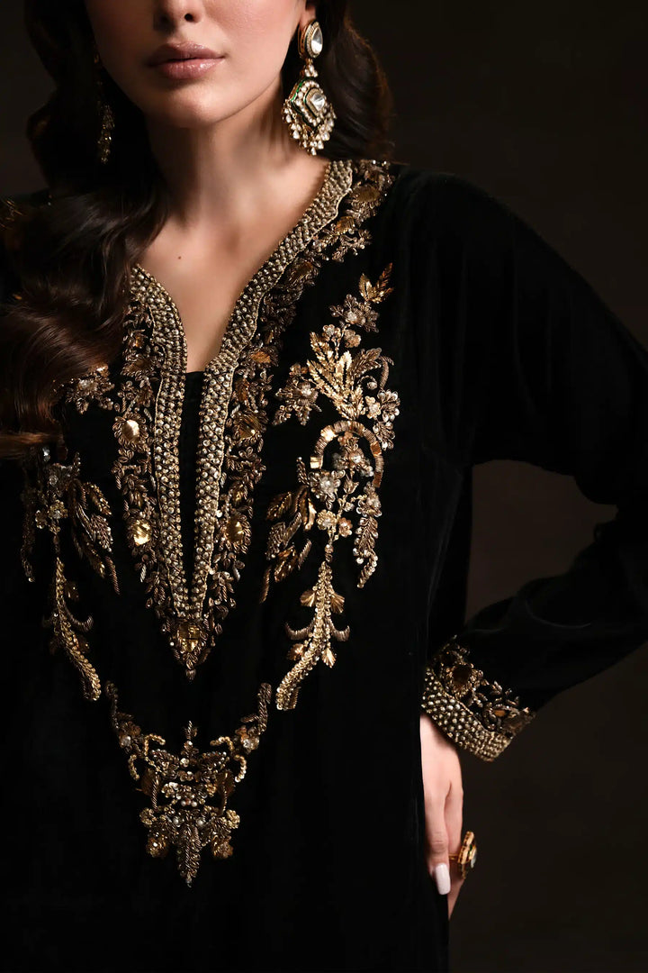 Ammara Khan | Kaftans 23 | BLACK VELVET KAFTAN (D-01) - Hoorain Designer Wear - Pakistani Ladies Branded Stitched Clothes in United Kingdom, United states, CA and Australia